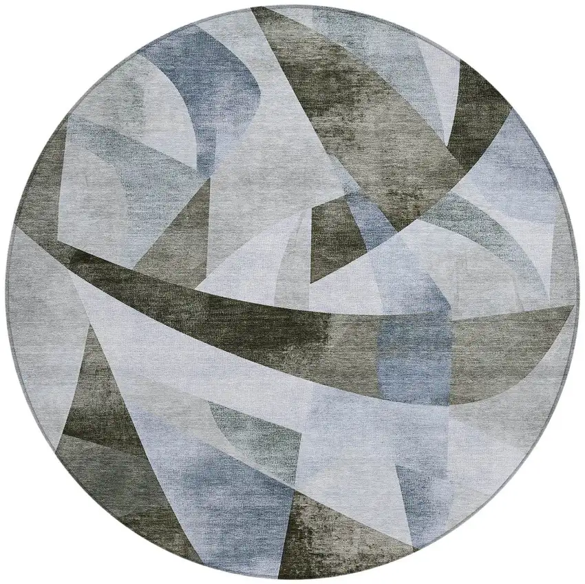 8' Taupe And Denim Blue Round Abstract Washable Indoor Outdoor Area Rug Photo 3