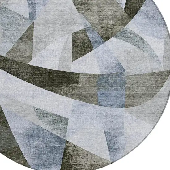 8' Taupe And Denim Blue Round Abstract Washable Indoor Outdoor Area Rug Photo 4