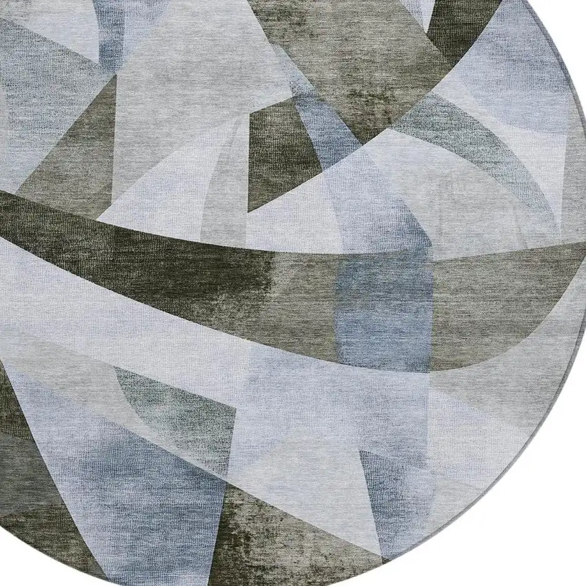8' Taupe And Denim Blue Round Abstract Washable Indoor Outdoor Area Rug Photo 4
