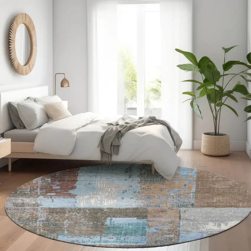 8' Taupe And Denim Blue Round Abstract Washable Indoor Outdoor Area Rug Photo 6