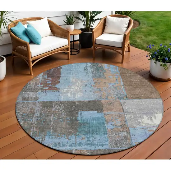 8' Taupe And Denim Blue Round Abstract Washable Indoor Outdoor Area Rug Photo 2