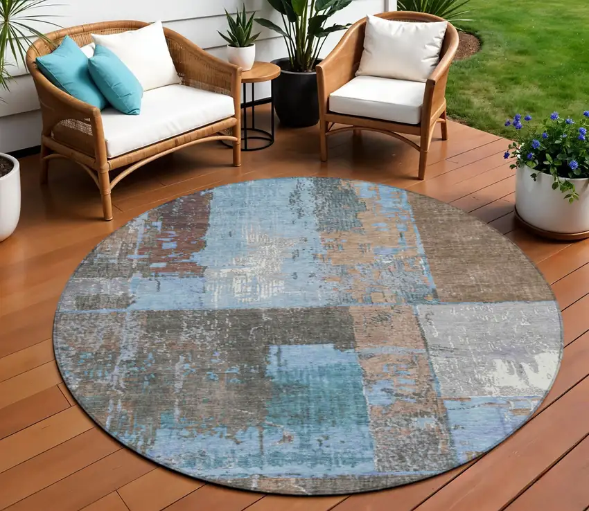 8' Taupe And Denim Blue Round Abstract Washable Indoor Outdoor Area Rug Photo 2