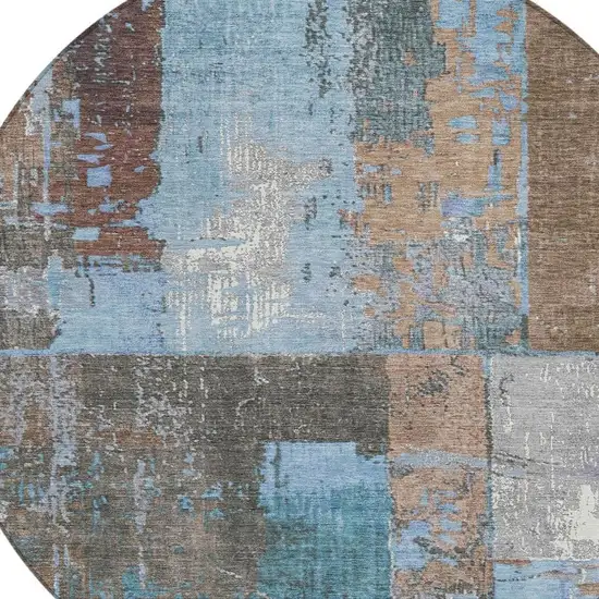 8' Taupe And Denim Blue Round Abstract Washable Indoor Outdoor Area Rug Photo 4