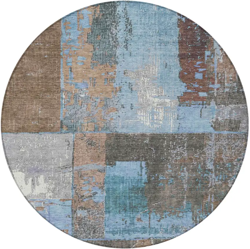 8' Taupe And Denim Blue Round Abstract Washable Indoor Outdoor Area Rug Photo 3