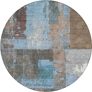 Photo of 8' Taupe And Denim Blue Round Abstract Washable Indoor Outdoor Area Rug