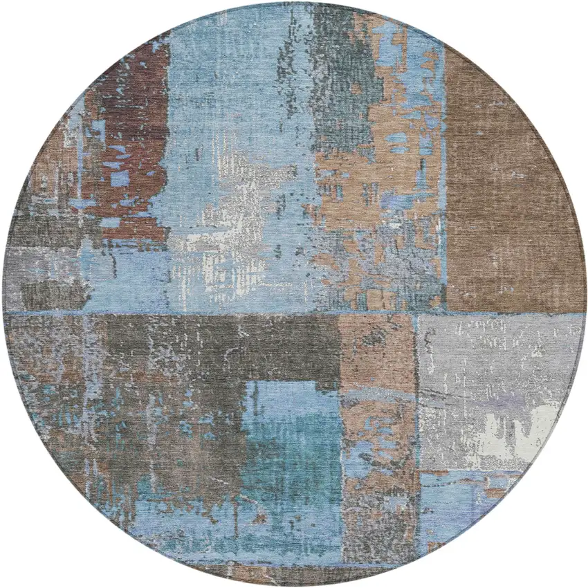 8' Taupe And Denim Blue Round Abstract Washable Indoor Outdoor Area Rug Photo 1