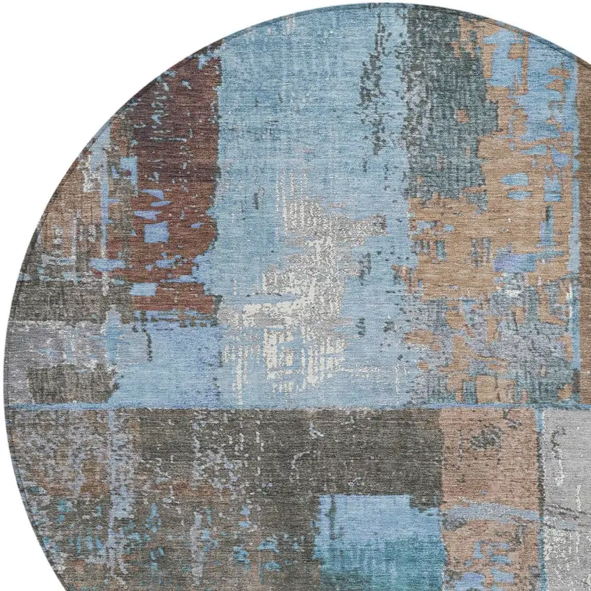 8' Taupe And Denim Blue Round Abstract Washable Indoor Outdoor Area Rug Photo 9