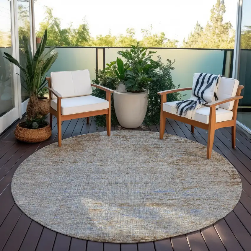 8' Taupe And Denim Blue Round Abstract Washable Indoor Outdoor Area Rug Photo 5