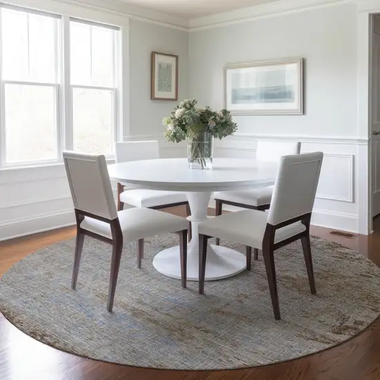 8' Taupe And Denim Blue Round Abstract Washable Indoor Outdoor Area Rug Photo 6