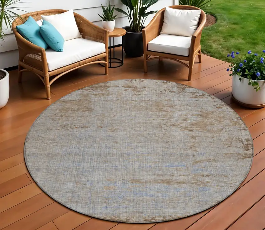 8' Taupe And Denim Blue Round Abstract Washable Indoor Outdoor Area Rug Photo 2