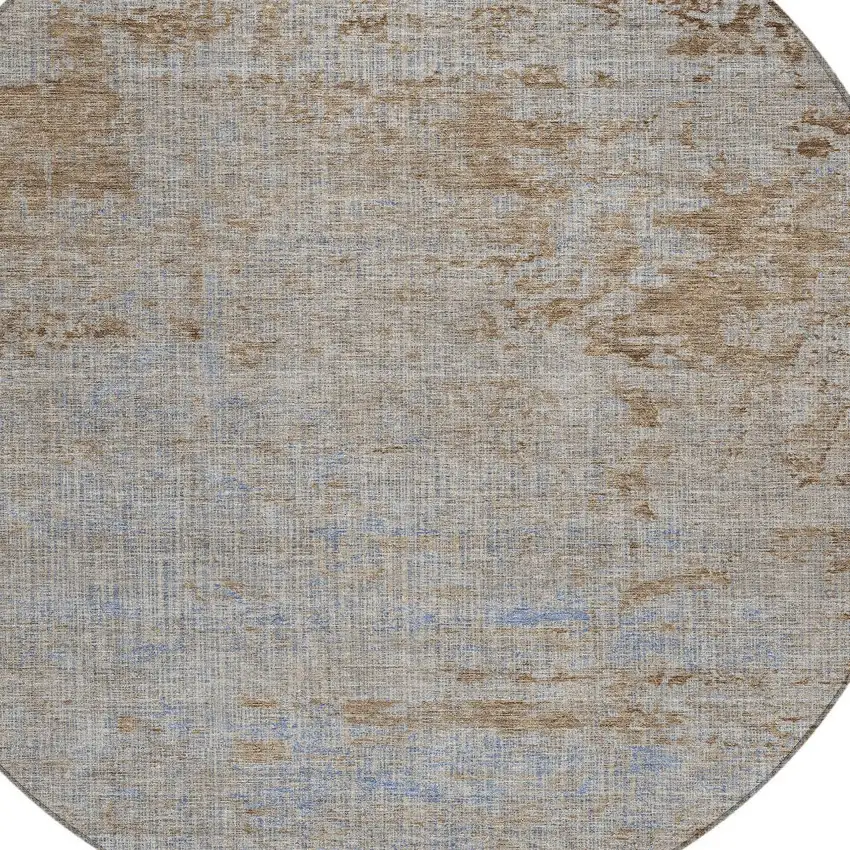8' Taupe And Denim Blue Round Abstract Washable Indoor Outdoor Area Rug Photo 8