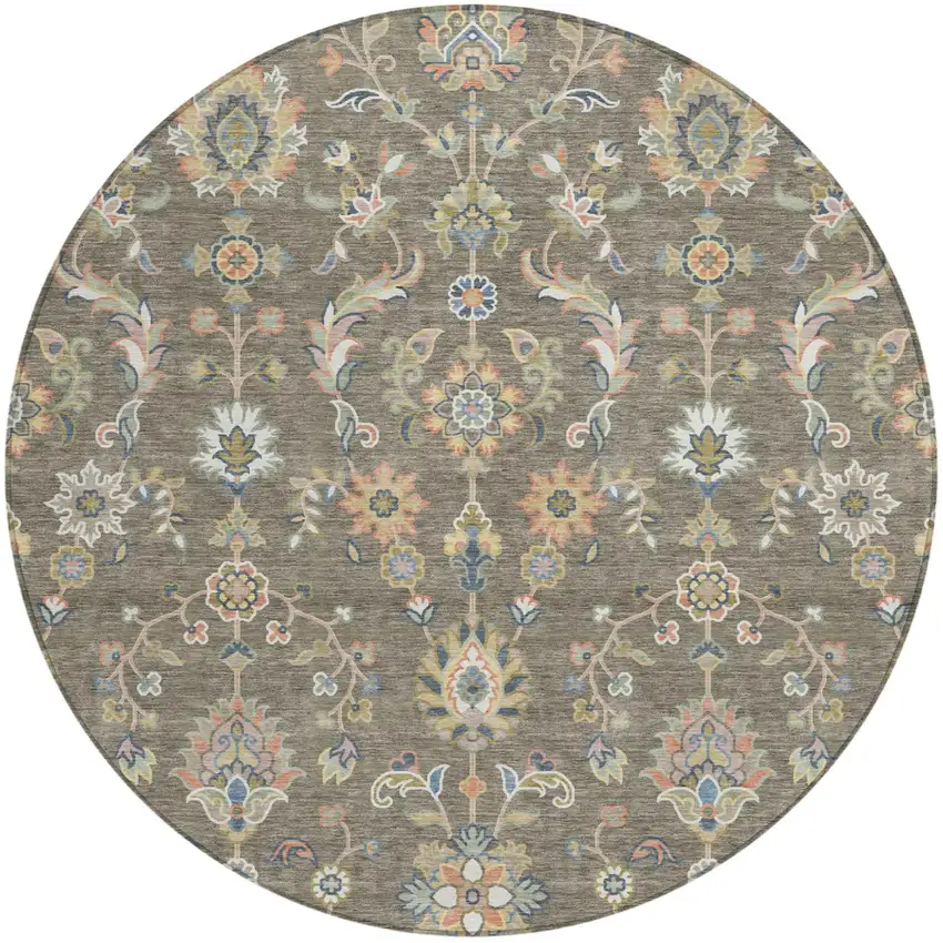8' Taupe And Denim Blue Round Abstract Washable Indoor Outdoor Area Rug Photo 1