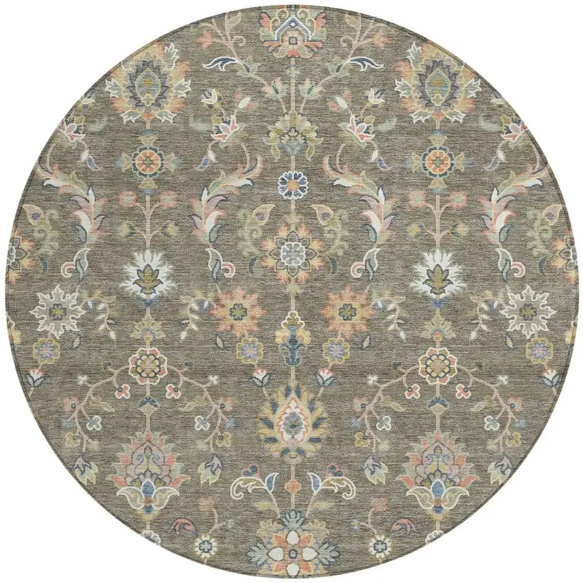 8' Taupe And Denim Blue Round Abstract Washable Indoor Outdoor Area Rug Photo 2