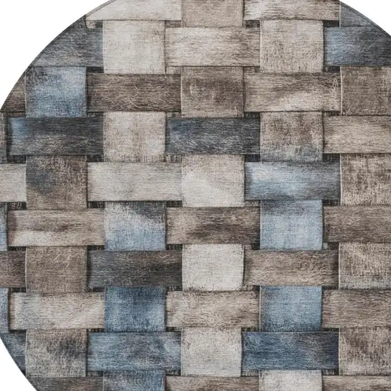 8' Taupe And Denim Blue Round Striped Washable Indoor Outdoor Area Rug Photo 4