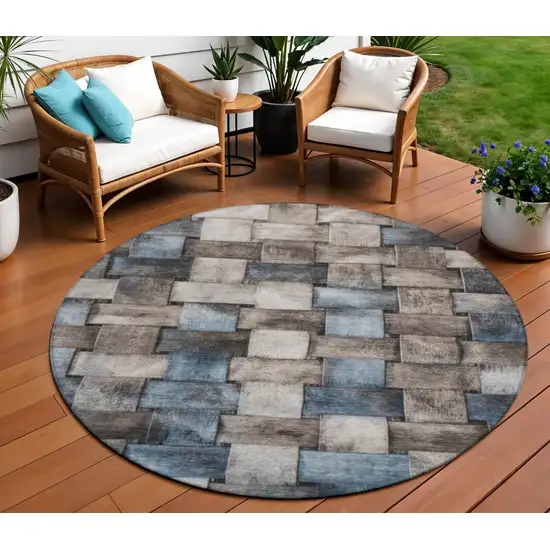 8' Taupe And Denim Blue Round Striped Washable Indoor Outdoor Area Rug Photo 2