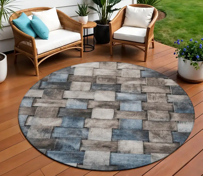 8' Taupe And Denim Blue Round Striped Washable Indoor Outdoor Area Rug Photo 2