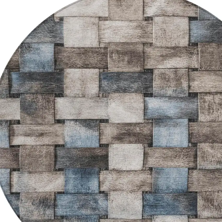 8' Taupe And Denim Blue Round Striped Washable Indoor Outdoor Area Rug Photo 8