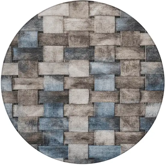 8' Taupe And Denim Blue Round Striped Washable Indoor Outdoor Area Rug Photo 1