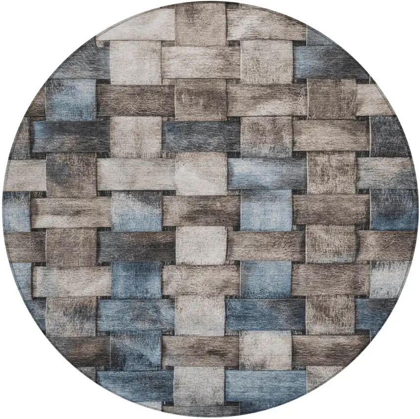 8' Taupe And Denim Blue Round Striped Washable Indoor Outdoor Area Rug Photo 1