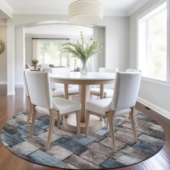 8' Taupe And Denim Blue Round Striped Washable Indoor Outdoor Area Rug Photo 6