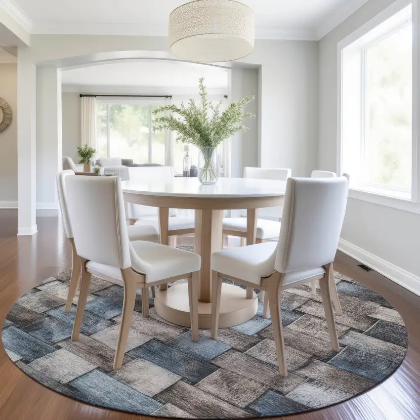 8' Taupe And Denim Blue Round Striped Washable Indoor Outdoor Area Rug Photo 6