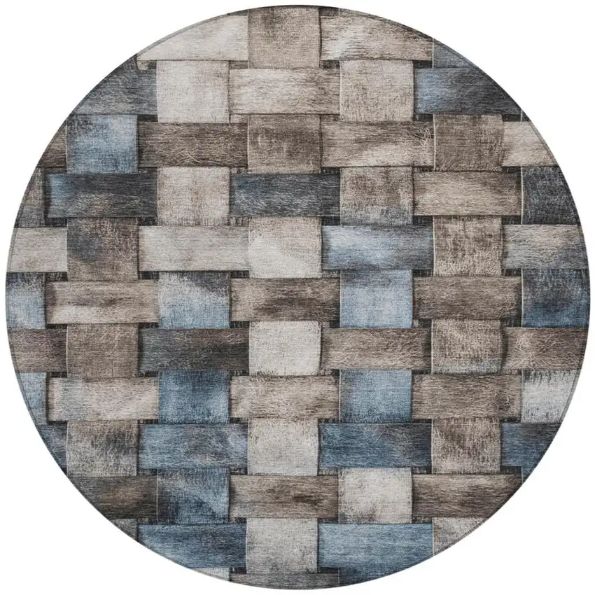 8' Taupe And Denim Blue Round Striped Washable Indoor Outdoor Area Rug Photo 3