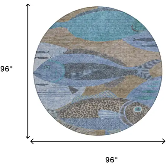 8' Taupe And Denim Blue Round Tropical Fish Washable Indoor Outdoor Area Rug Photo 8