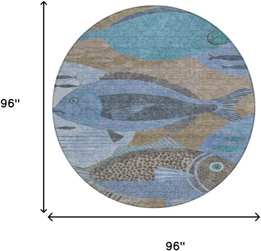 8' Taupe And Denim Blue Round Tropical Fish Washable Indoor Outdoor Area Rug Photo 8