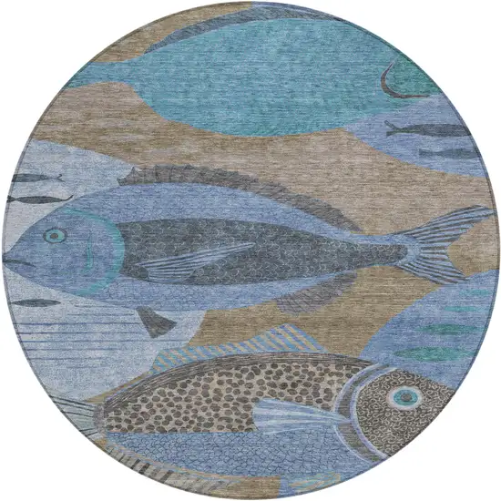 8' Taupe And Denim Blue Round Tropical Fish Washable Indoor Outdoor Area Rug Photo 1
