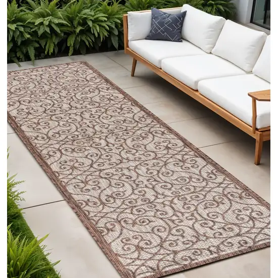 8' Taupe And Espresso Geometric Indoor Outdoor Runner Rug Photo 1