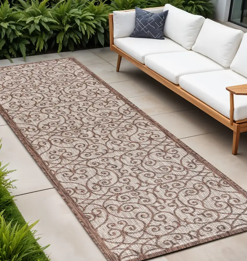 8' Taupe And Espresso Geometric Indoor Outdoor Runner Rug Photo 1