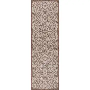 Photo of 8' Taupe And Espresso Geometric Indoor Outdoor Runner Rug