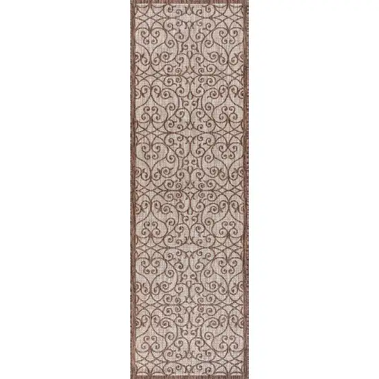 8' Taupe And Espresso Geometric Indoor Outdoor Runner Rug Photo 1