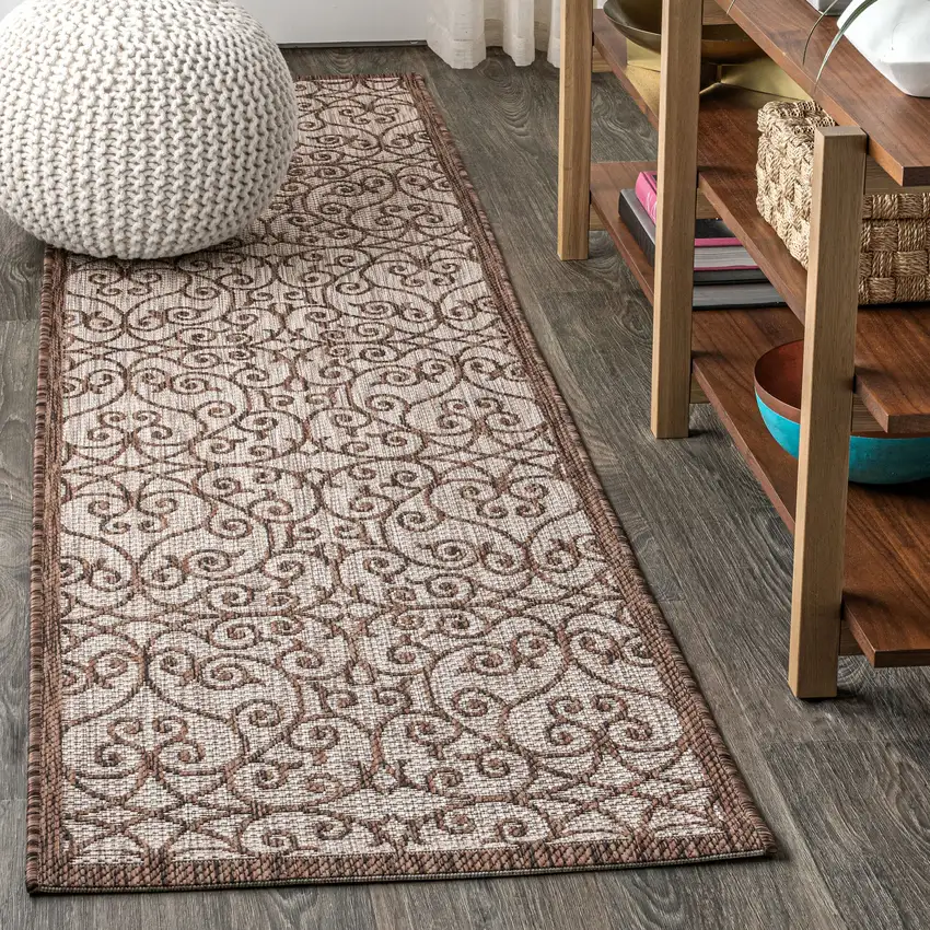 8' Taupe And Espresso Geometric Indoor Outdoor Runner Rug Photo 4