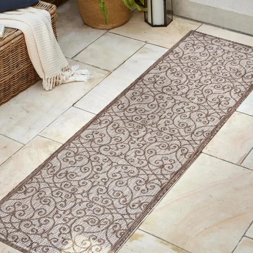 8' Taupe And Espresso Geometric Indoor Outdoor Runner Rug Photo 5