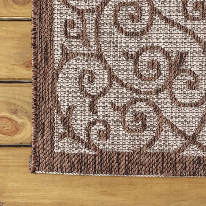 8' Taupe And Espresso Geometric Indoor Outdoor Runner Rug Photo 9
