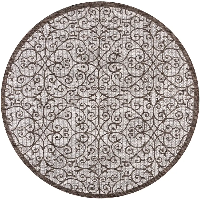 8' Taupe And Espresso Round Geometric Indoor Outdoor Area Rug Photo 1