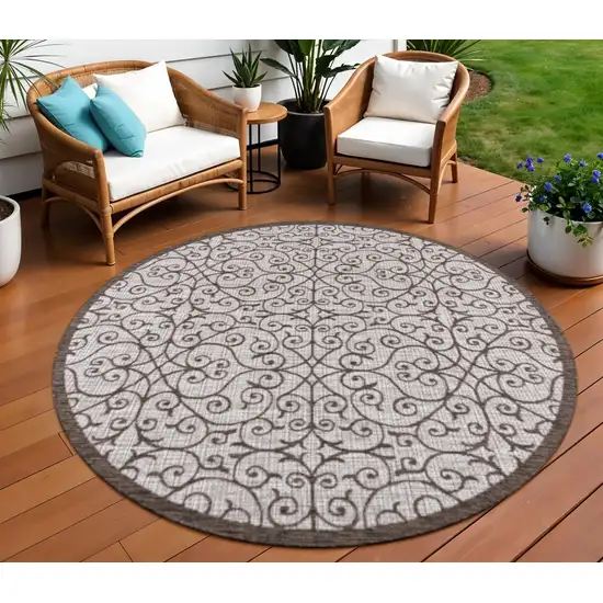 8' Taupe And Espresso Round Geometric Indoor Outdoor Area Rug Photo 1
