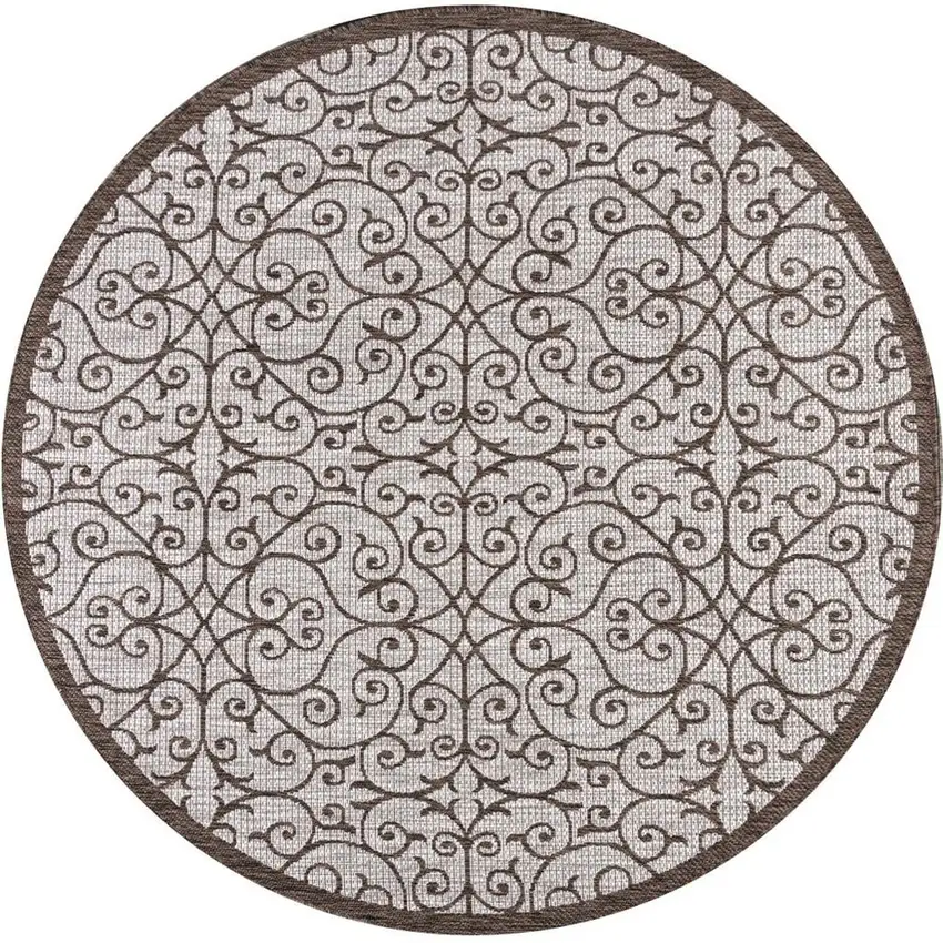 8' Taupe And Espresso Round Geometric Indoor Outdoor Area Rug Photo 3