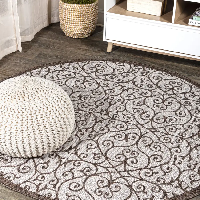 8' Taupe And Espresso Round Geometric Indoor Outdoor Area Rug Photo 4