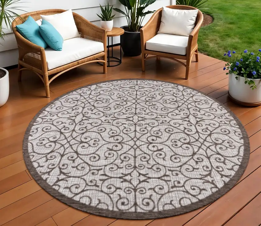 9' Taupe And Espresso Round Geometric Indoor Outdoor Area Rug Photo 1