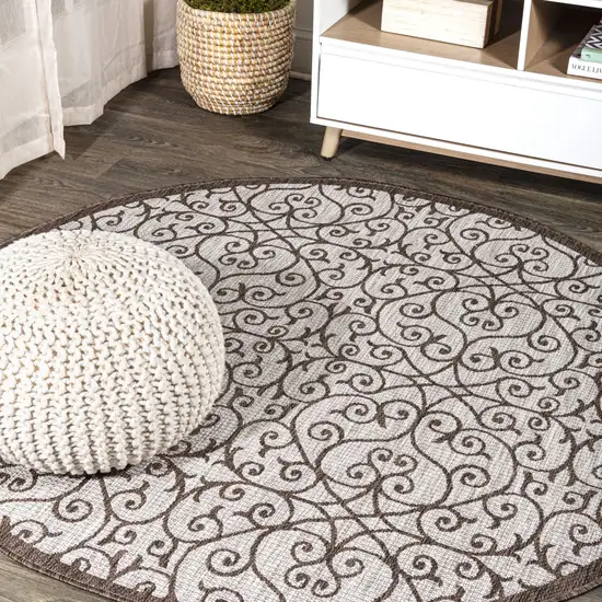 9' Taupe And Espresso Round Geometric Indoor Outdoor Area Rug Photo 4