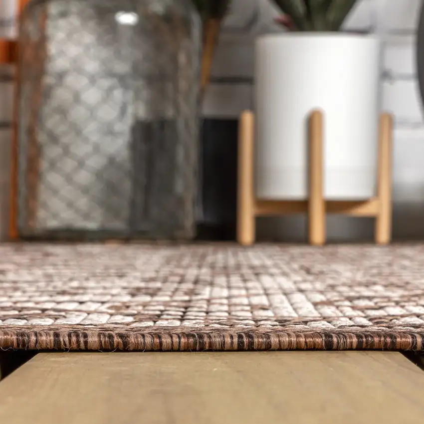 8' Taupe And Espresso Square Geometric Indoor Outdoor Area Rug Photo 6