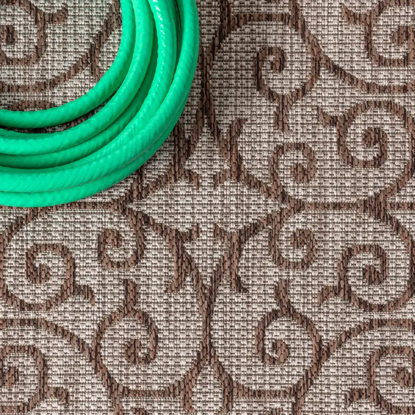8' Taupe And Espresso Square Geometric Indoor Outdoor Area Rug Photo 8