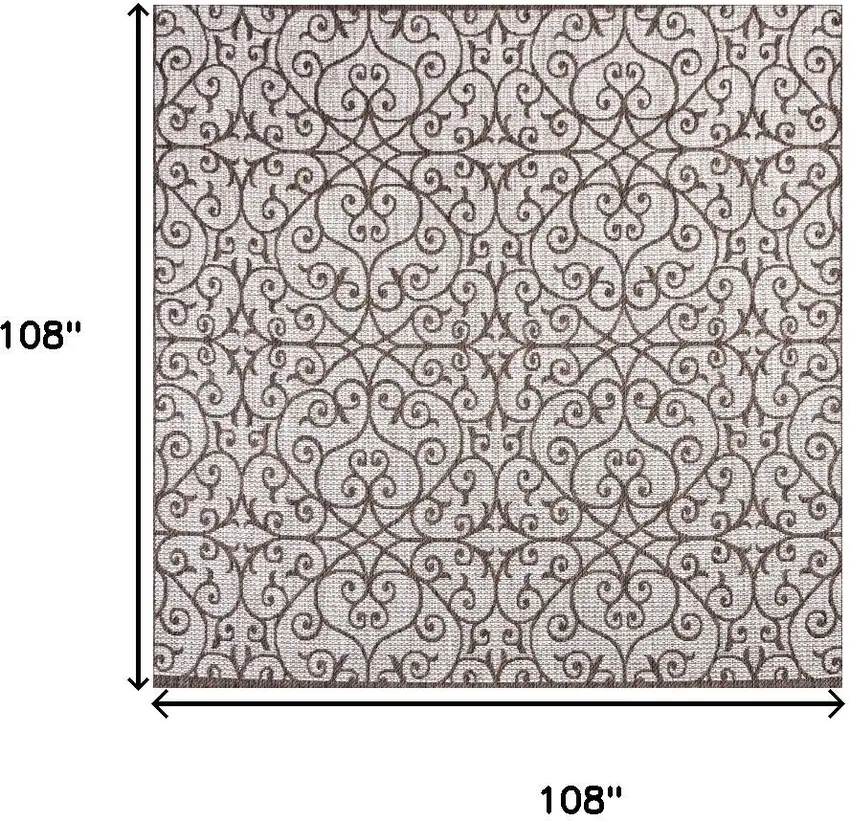 9' Taupe And Espresso Square Geometric Indoor Outdoor Area Rug Photo 8