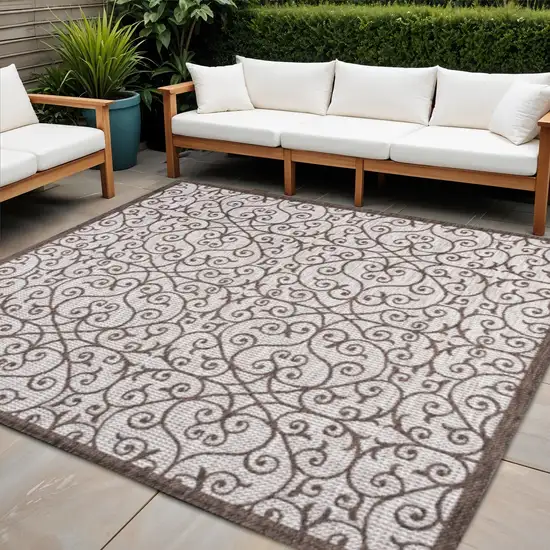 9' Taupe And Espresso Square Geometric Indoor Outdoor Area Rug Photo 1