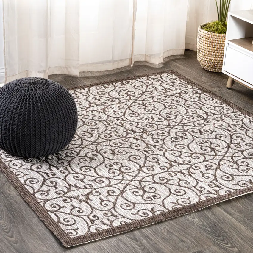 9' Taupe And Espresso Square Geometric Indoor Outdoor Area Rug Photo 4