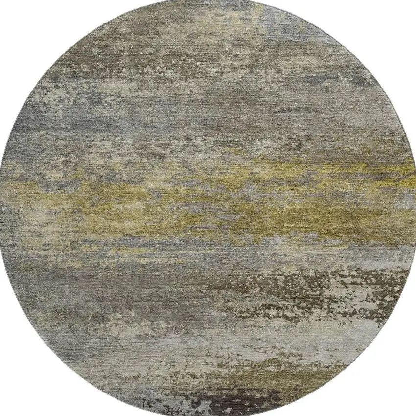 8' Taupe And Gold Abstract Washable Round Rug With UV Protection Photo 4