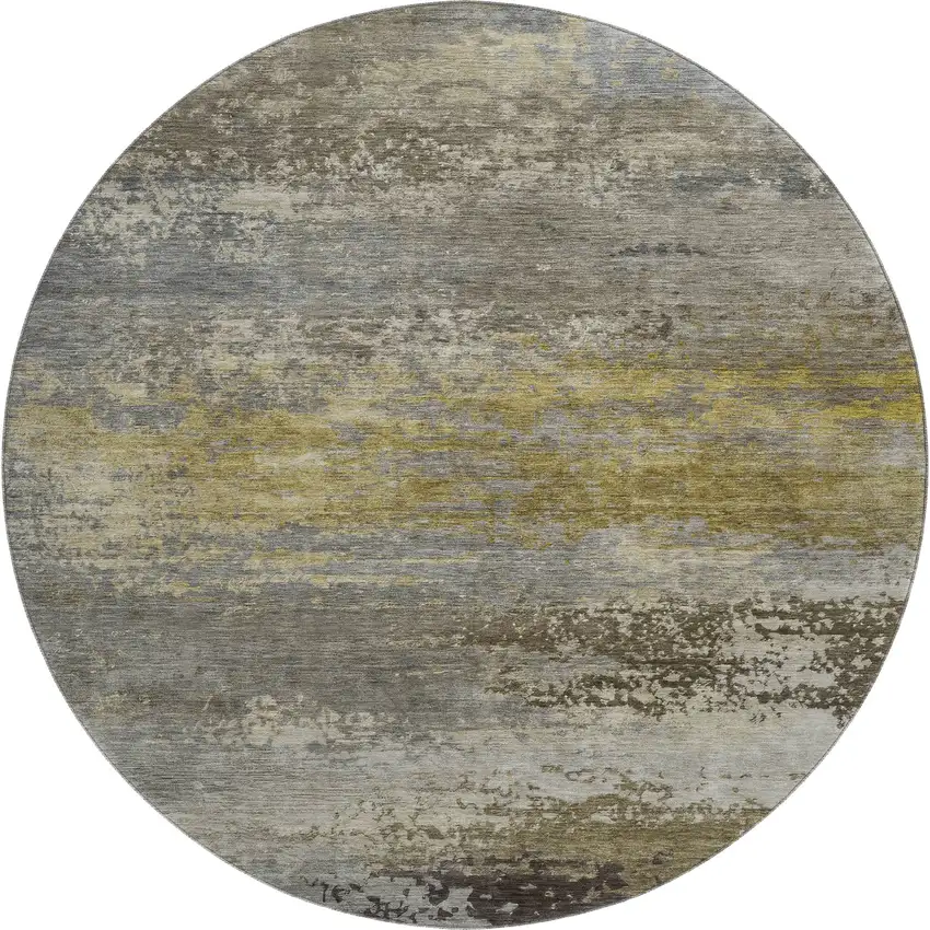 8' Taupe And Gold Abstract Washable Round Rug With UV Protection Photo 1