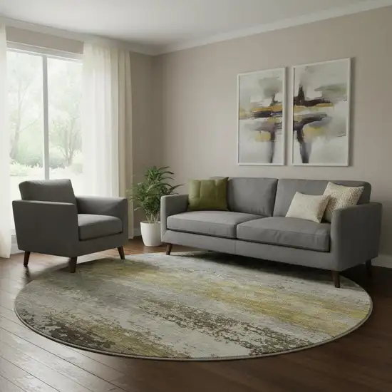 8' Taupe And Gold Abstract Washable Round Rug With UV Protection Photo 2